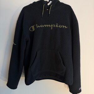 Champion Black Sherpa Hoodie with Olive Script Logo